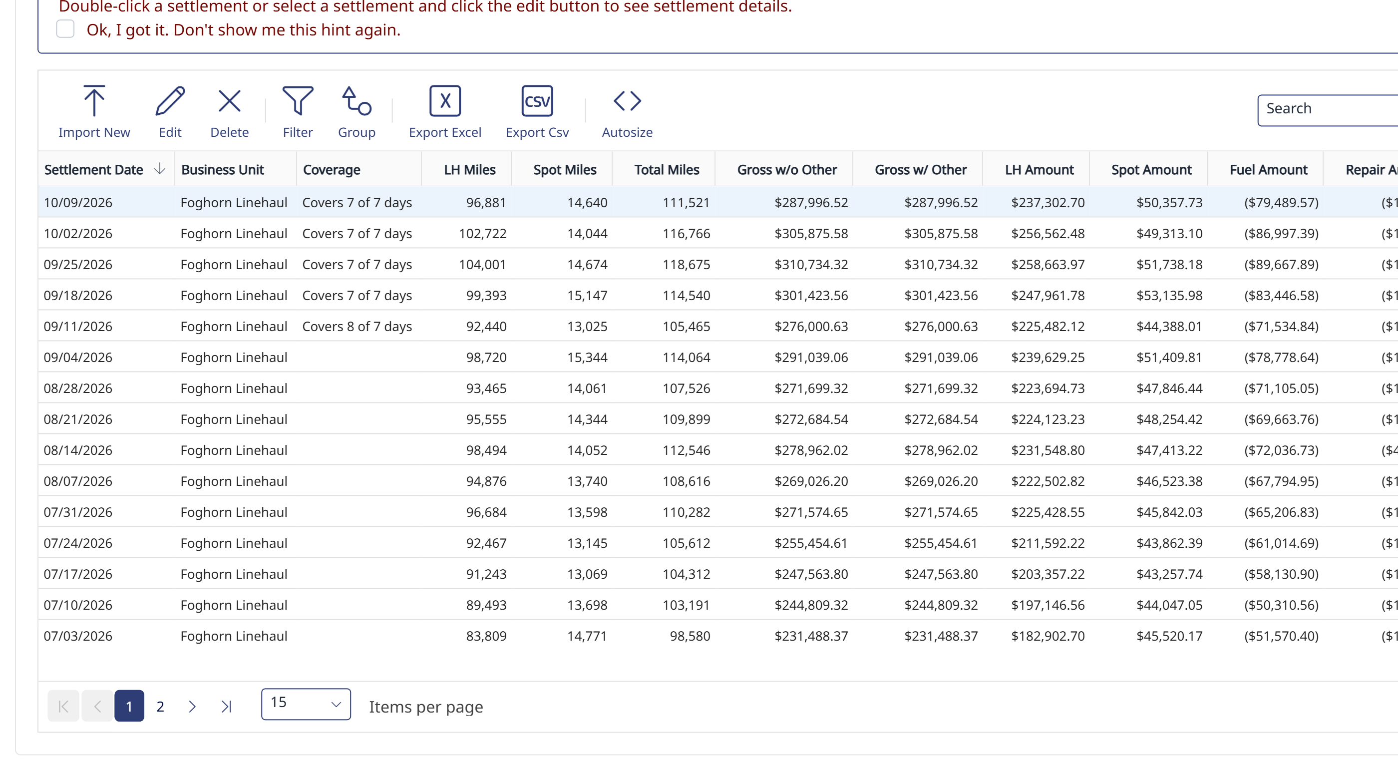 The FedEx Settlements list — select a settlement, then click Delete on the toolbar
