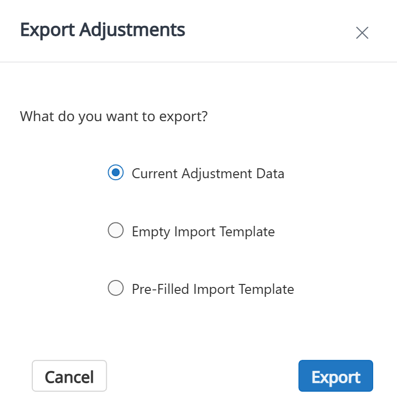 Export Excel — choose Pre-Filled Import Template