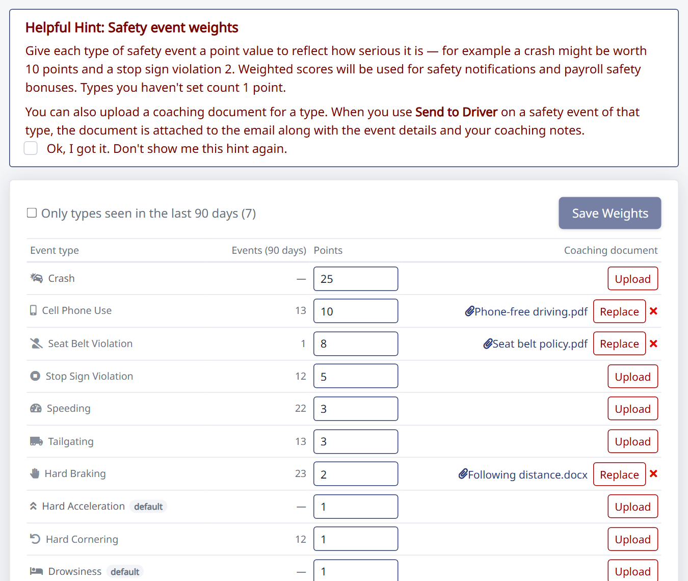 Safety Settings → Weights, with coaching documents