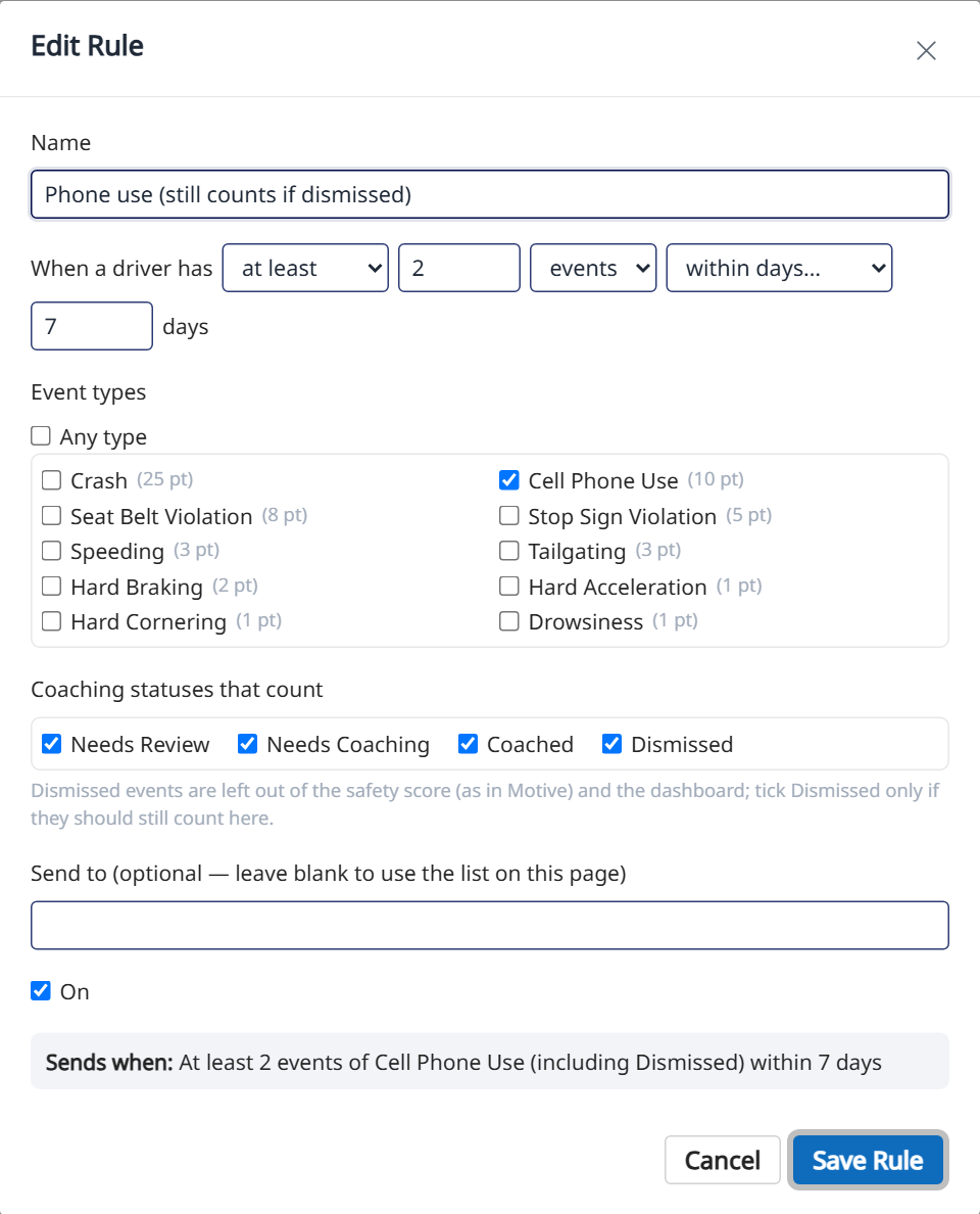 A rule, with the new "Coaching statuses that count"