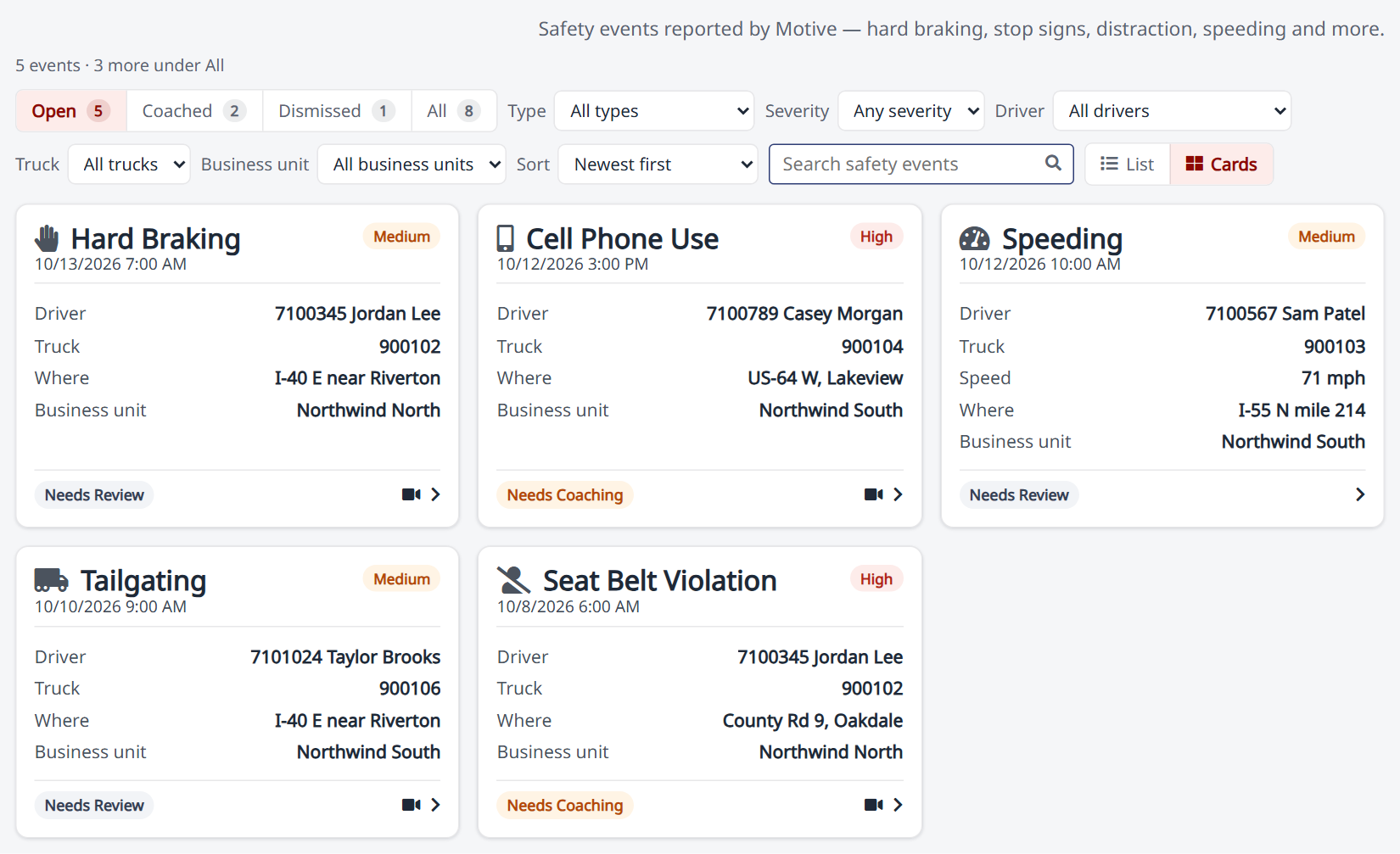 Safety → Safety Events
