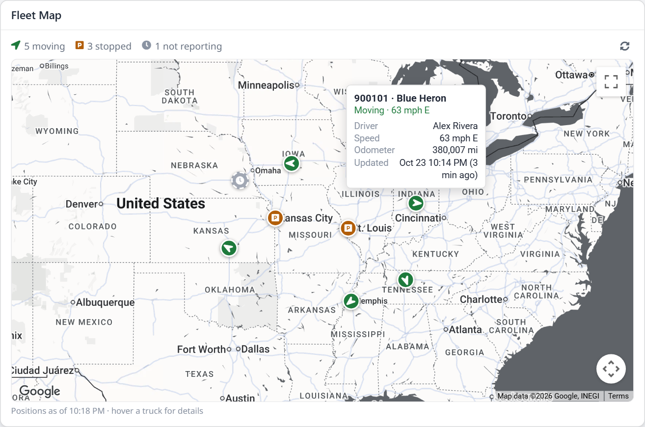 The Fleet Map widget, with one truck's details open